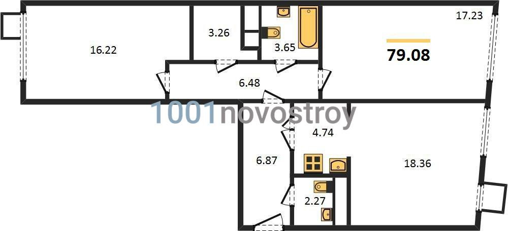 Двухкомнатная квартира 79.08 м²