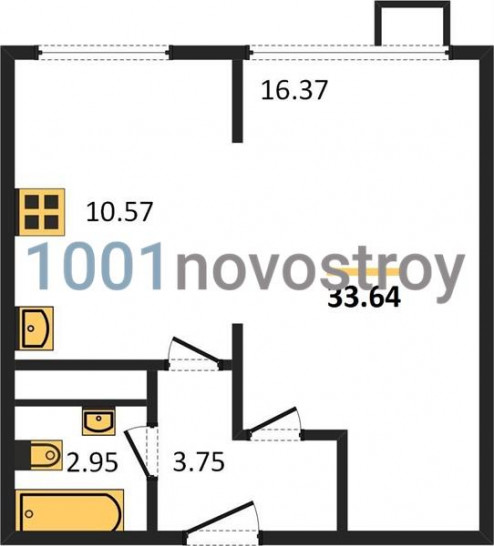 Однокомнатная квартира 33.64 м²