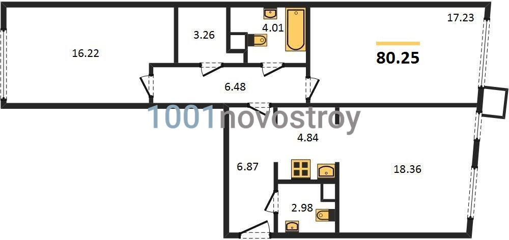 Двухкомнатная квартира 80.25 м²